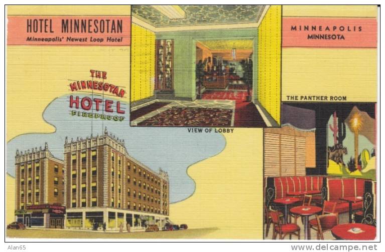 Minneapolis MN Minnesota, Hotel Minnesotan Multi-view Interior Images, Lodging, On C1940s Vintage Linen Postcard - Minneapolis