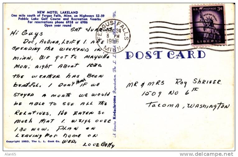 Fergus Falls MN Minnesota,  New Motel Lakeland, Lodging, Autos, C1950s Vintage Postcard - Andere & Zonder Classificatie