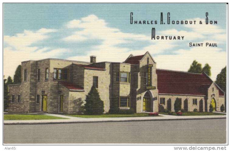 St. Paul MN Minnesota, Charles A. Godbout &amp; Son Mortuary Funeral Home, C1940s Vintage Linen Postcard - St Paul