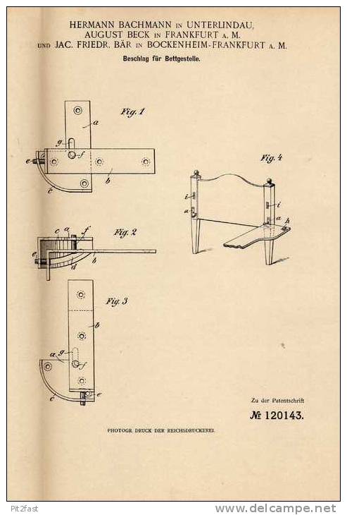 Original Patentschrift - J. Bär In Unterlindau Und Bockenheim , 1900 , Beschlag Für Bett , Bettgestell !!! - Autres & Non Classés