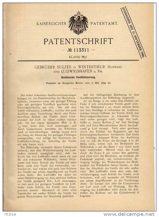 Original Patentschrift - Gebr. Sulzer In Winterthur Und Ludwigshafen , 1899 , Ventilsteuerung !!! - Maschinen