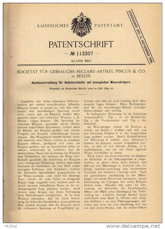 Original Patentschrift - Reclame Artikel Pincus & Co In Berlin , 1899 , Selbstverkäufer Apparat , Reklame !!! - Other & Unclassified
