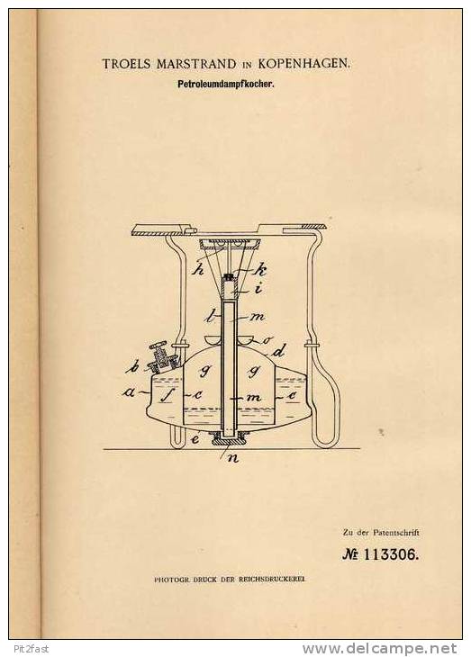 Original Patentschrift - T. Marstrand In Kopenhagen , 1899 , Petroleum Dampfkocher , Kocher !!! - Tools