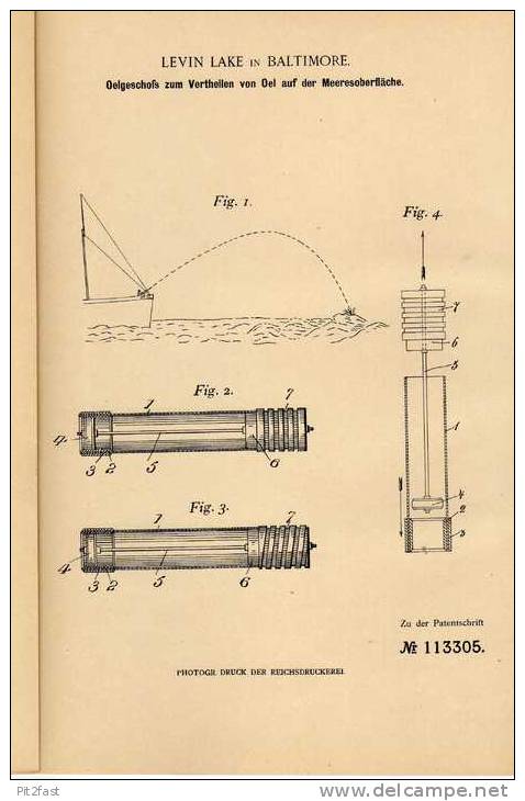 Original Patentschrift - Oelgeschoß Zum Vertheilen Von Öl Im Meer , 1899 , L. Lake In Baltimore !!! - Other & Unclassified