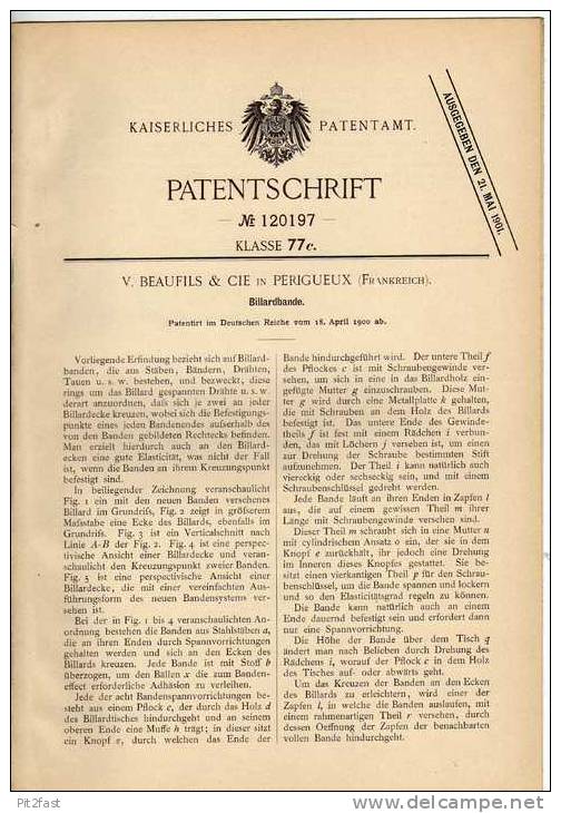 Original Patentschrift - Beaufils & Cie à  Périgueux , 1900 , Billard , Table De Billard  !!! - Billares