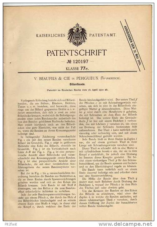 Original Patentschrift - Beaufils & Cie à  Périgueux , 1900 , Billard , Table De Billard  !!! - Billard