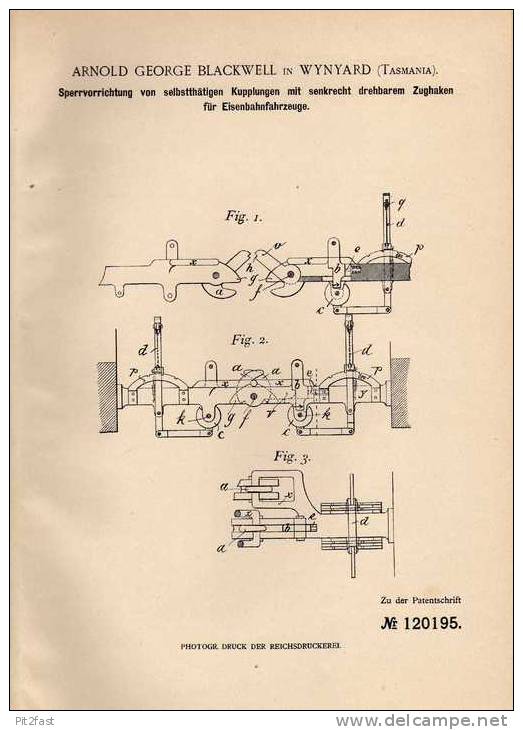 Original Patentschrift - A. Blackwell In Wynyard , Tasmania , 1900, Kupplung Für Eisenbahn !!! - Sonstige & Ohne Zuordnung