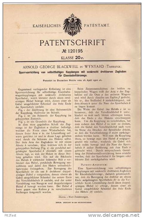 Original Patentschrift - A. Blackwell In Wynyard , Tasmania , 1900, Kupplung Für Eisenbahn !!! - Sonstige & Ohne Zuordnung