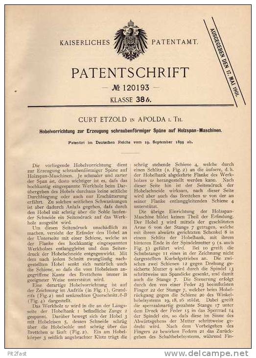 Original Patentschrift - C. Etzold In Apolda I. Th., 1899 , Hobelmaschine , Hobel , Tischlerei !!! - Machines