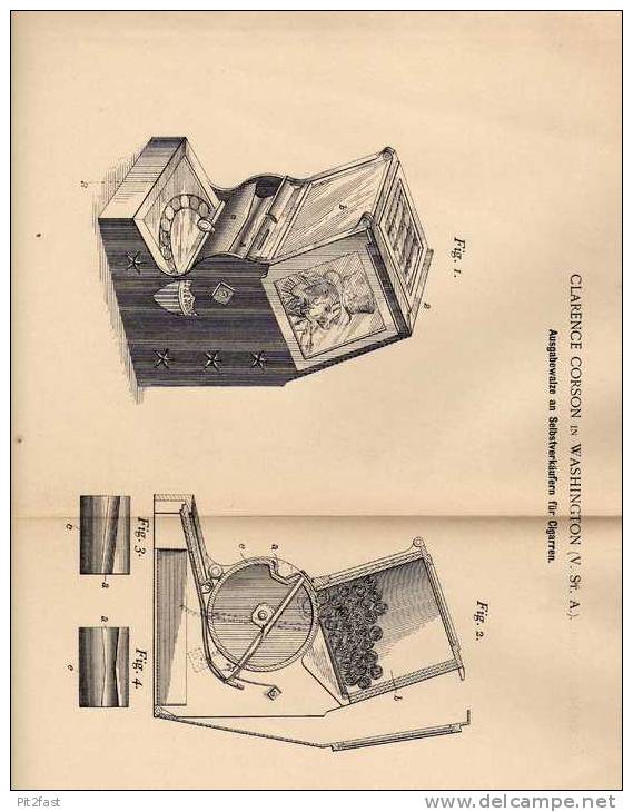 Original Patentschrift - Verkaufsapparat Für Cigarren , 1900 , C. Corson In Wahington , USA , Cigarre , Zigarre !!! - Documenti