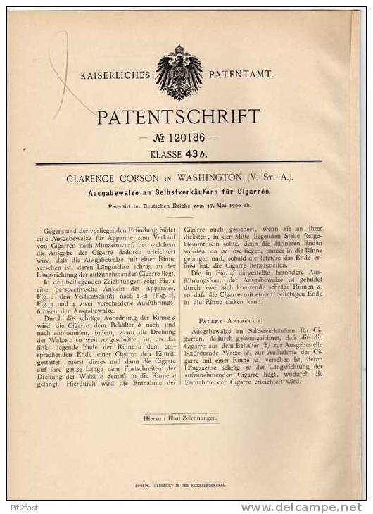 Original Patentschrift - Verkaufsapparat Für Cigarren , 1900 , C. Corson In Wahington , USA , Cigarre , Zigarre !!! - Documenten