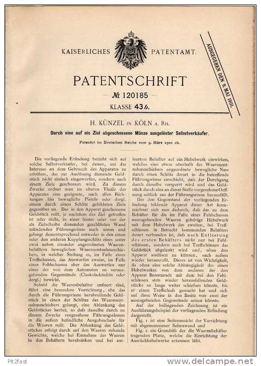 Original Patentschrift - Verkaufsapparat Mit Pistole , 1900, H. Künzel In Köln !!! - Macchine