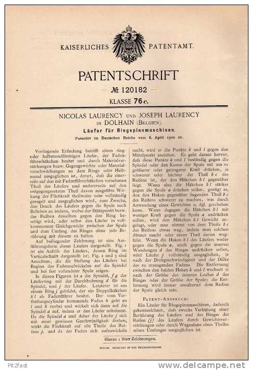 Original Patentschrift -  N. Laurency In Dolhain , 1900 , Spinnmaschine , Läufer , Spinnerei !!! - Tools
