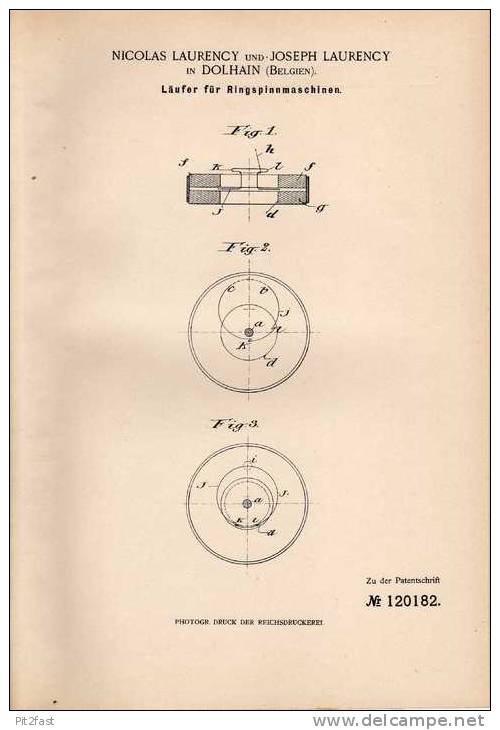 Original Patentschrift -  N. Laurency In Dolhain , 1900 , Spinnmaschine , Läufer , Spinnerei !!! - Macchine