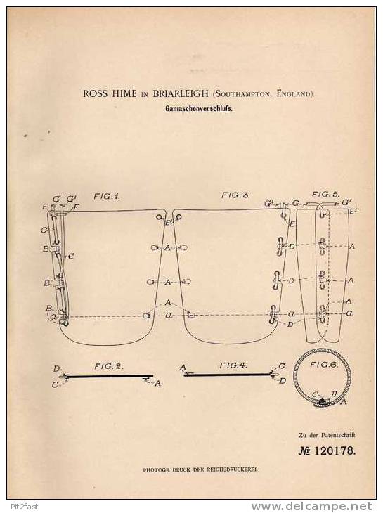 Original Patentschrift - R. Hime In Briarleigh , 1900 , Verschluß Für Gamaschen , Suhe , Schuster !!! - Schoenen