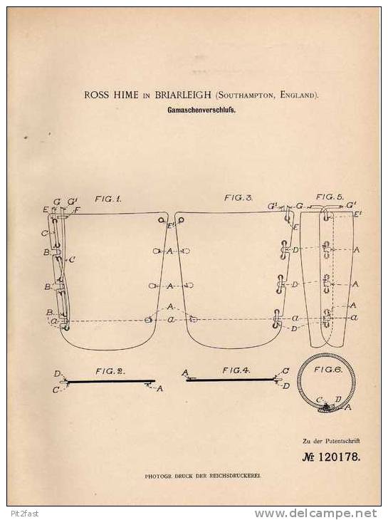 Original Patentschrift - R. Hime In Briarleigh , 1900 , Verschluß Für Gamaschen , Suhe , Schuster !!! - Chaussures