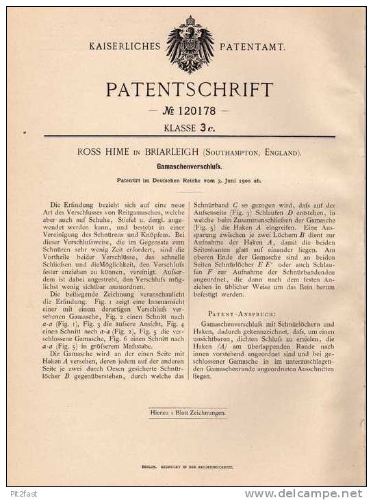 Original Patentschrift - R. Hime In Briarleigh , 1900 , Verschluß Für Gamaschen , Suhe , Schuster !!! - Shoes