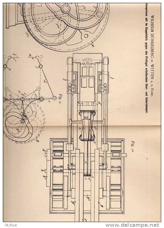 Original Patentschrift - W. Dünkelberg In Witten A.d. Ruhr , 1899 , Trockenpresse , Presse !!! - Machines