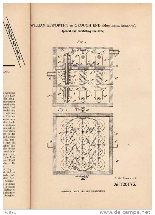 Original Patentschrift - Apparat Zur Darstellung Von Ozon , 1900 , W. Elworthy In Crouch End !!! - Machines