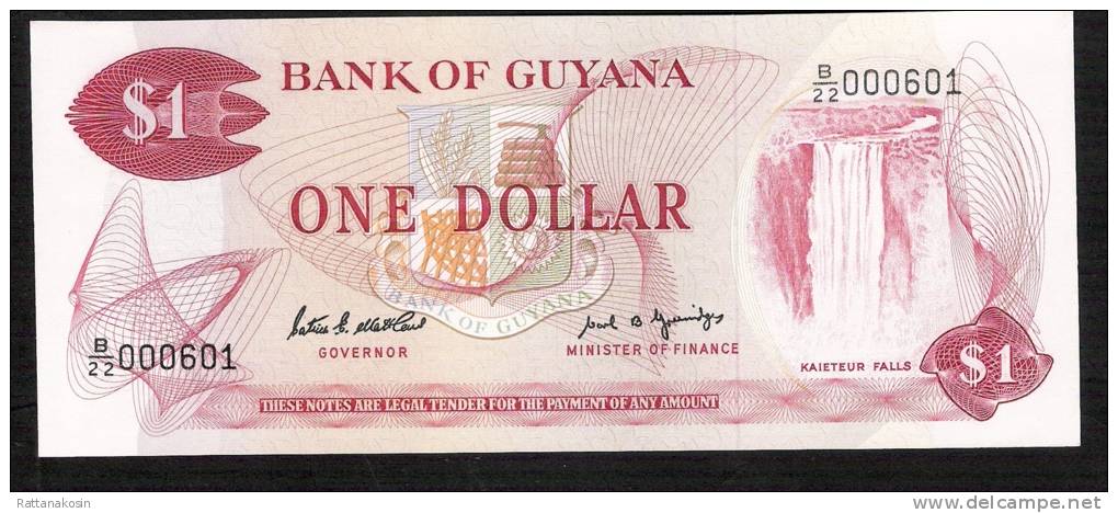 GUYANA P21f   1   DOLLAR   1966 Signature 7 LOW NUMBER # 000601 UNC. - Guyana