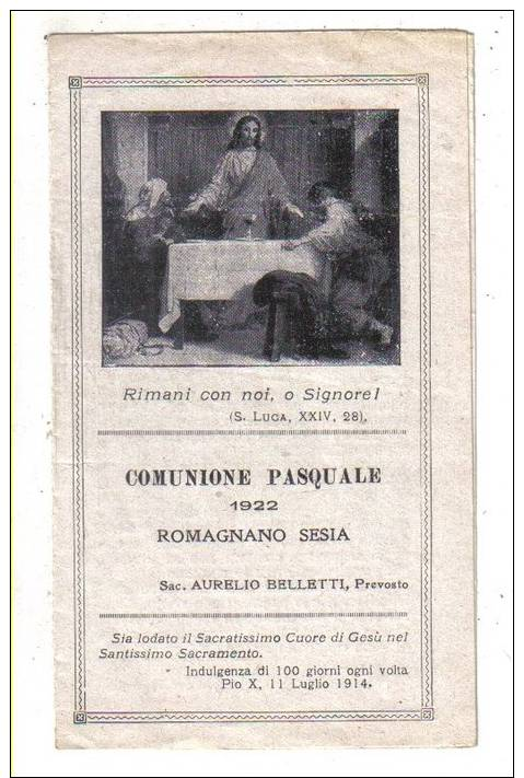 NOVARA - Immaginetta - COMUNIONE PASQUALE 1922 - ROMAGNANO SESIA - Novara