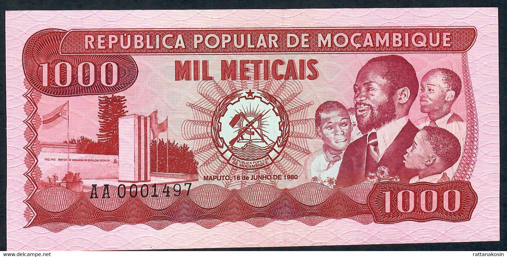 MOZAMBIQUE  P128  1000 METICAIS  1980 LOW NUMBER # AA 0001497    UNC. - Moçambique