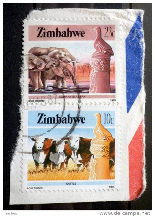 Zimbabwe - 1985 - Mi.Nr.313,321 A - Used - Economy - Cows - Animals - Elephant - Definitives - On Paper - Zimbabwe (1980-...)