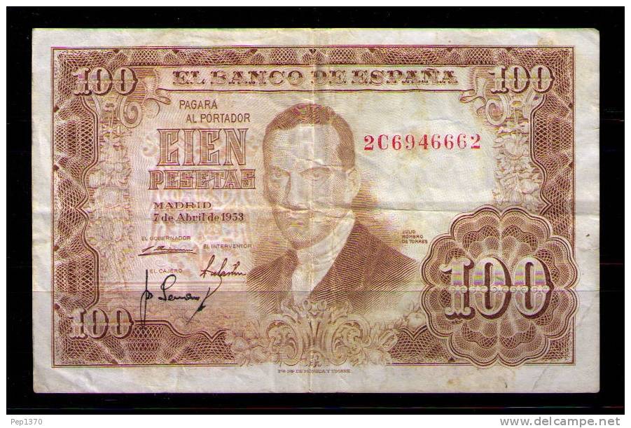 BILLETE DE 100 PESETAS DE 1953 - JULIO ROMERO DE TORRES - USADO BONITO - 100 Pesetas