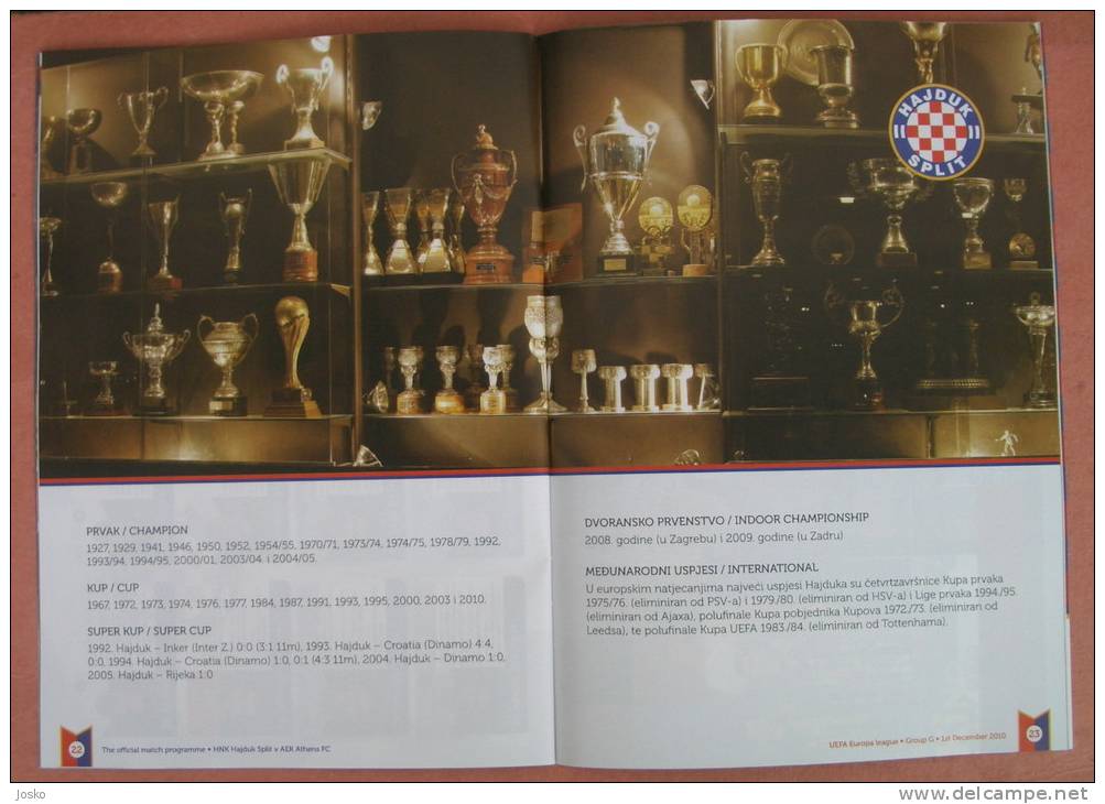 HAJDUK V AEK Athens FC - 2010 UEFA EUROPA LEAGUE Football Match Programme * Soccer Fussball Programm Calcio Programma - Tickets & Toegangskaarten