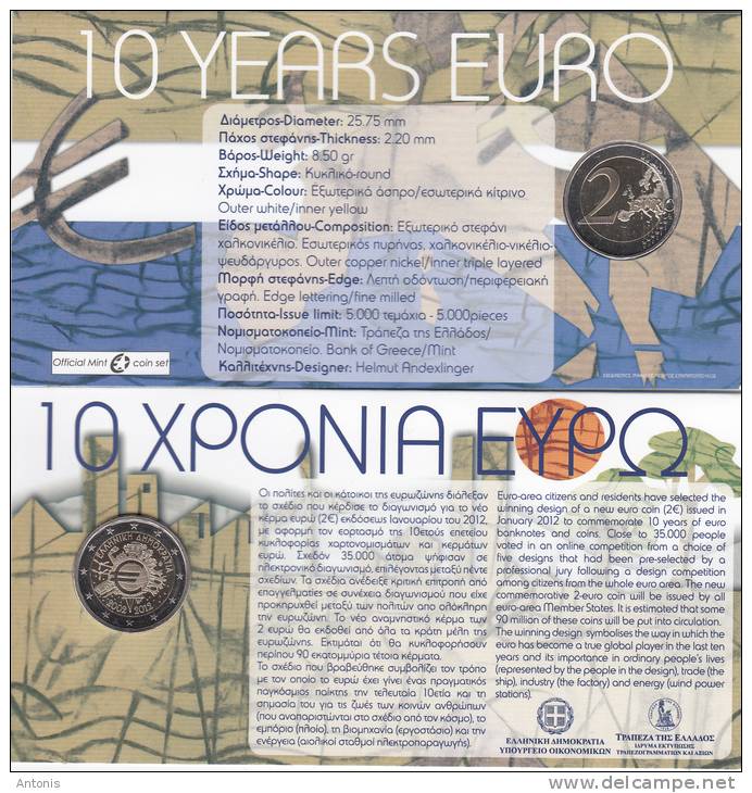 GREECE - 10 Years Euro 2002-2012, 2 Euro Coin, Tirage 5000(folder) - Greece