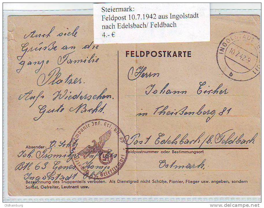 0017ai: Feldpost II. Weltkrieg In Die Steiermark, Nach Edelsbach Befördert - Feldbach