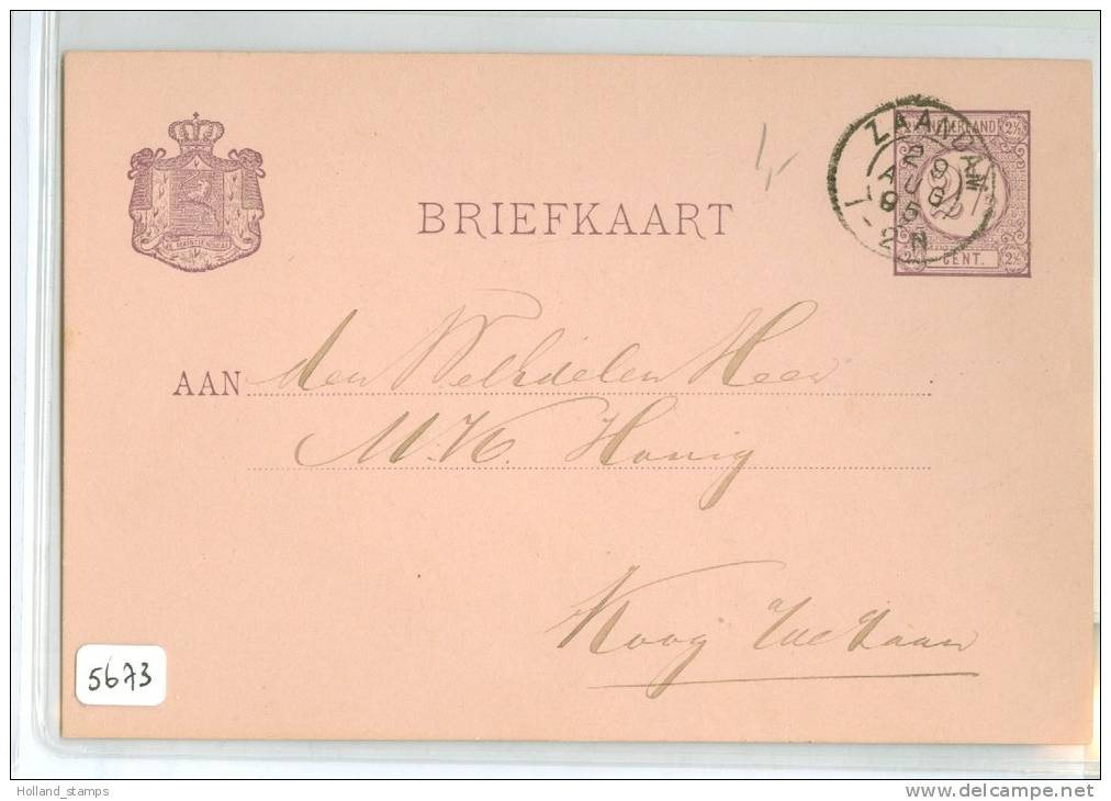 HANDGESCHREVEN BRIEFKAART Uit 1895 VOORDRUK NVPH 33 Van ZAANDAM Naar KOOG A/d ZAAN (5673) - Postal Stationery