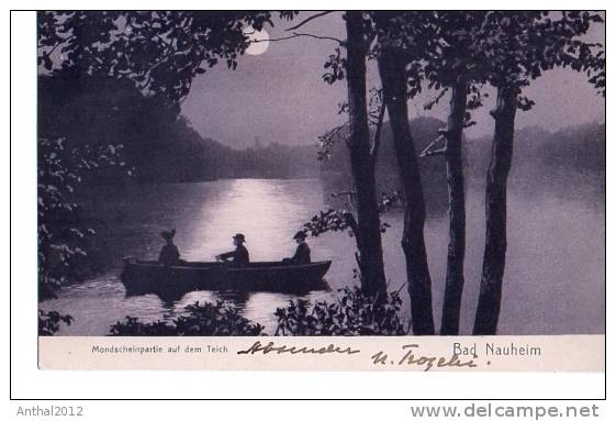 AK Litho Bad Nauheim Mondscheinpartie Auf Dem Teich Boot Schiff Ruder 30.4.1906 Nach Sverige - Bad Nauheim