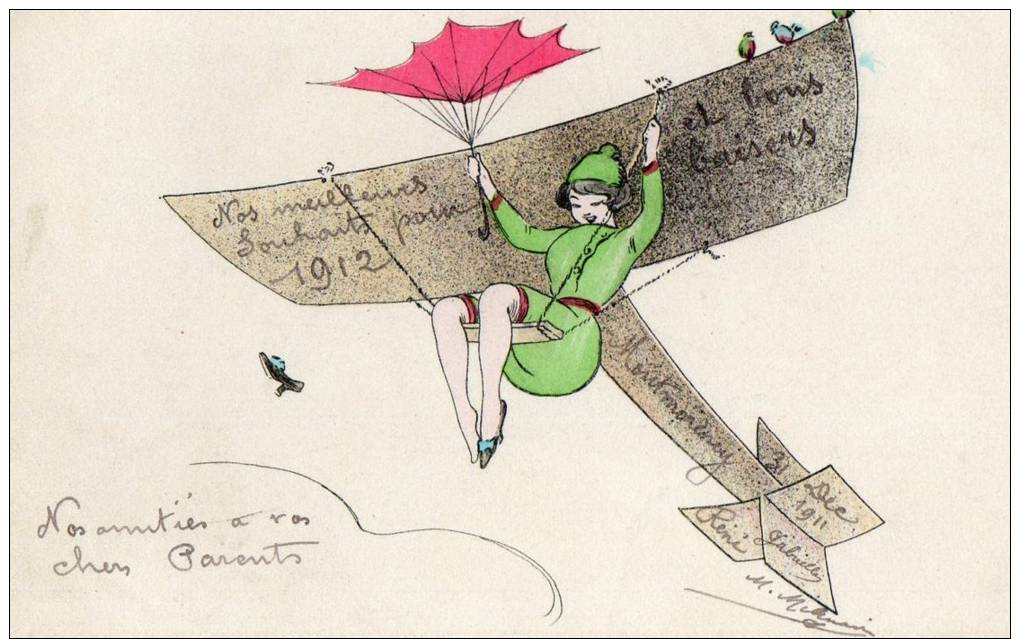 CPA; Femme Robe Verte, Attachée Sous Aéroplane, Voeux 1912. - ....-1914: Precursors