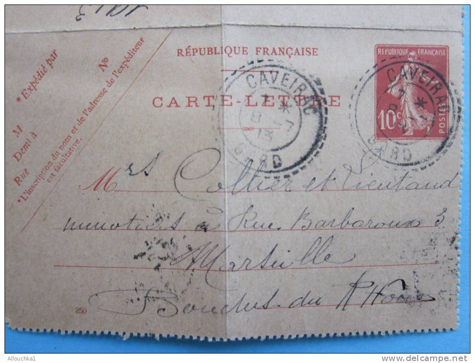 Carte-Lettre Entier Postal N°138 Semeuse Rouge 10c Sur Chamois:CAD Rural"petit Cercle Dans Grand"pointillé:CAVEIRAC Gard - Kaartbrieven