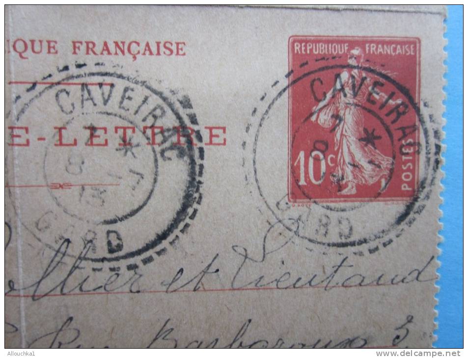 Carte-Lettre Entier Postal N°138 Semeuse Rouge 10c Sur Chamois:CAD Rural"petit Cercle Dans Grand"pointillé:CAVEIRAC Gard - Kaartbrieven