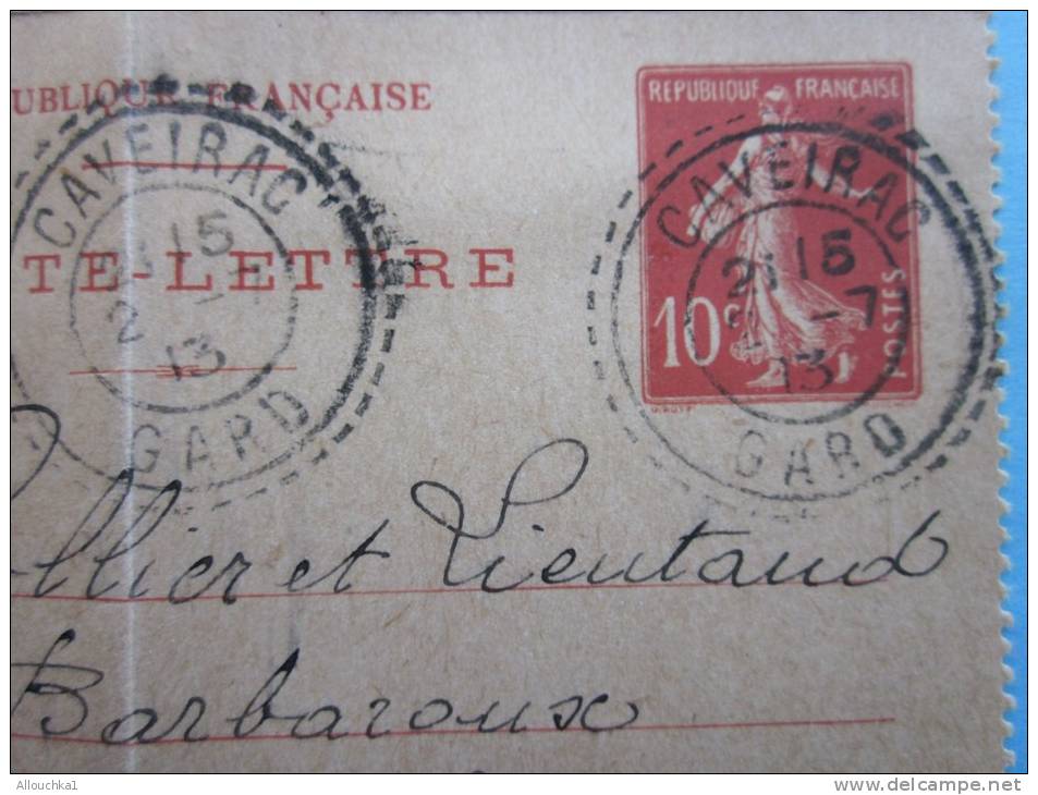 Carte-Lettre Entier Postal N°138 Semeuse Rouge 10c Sur Chamois:CAD Rural"petit Cercle Dans Grand"pointillé:CAVEIRAC Gard - Kaartbrieven