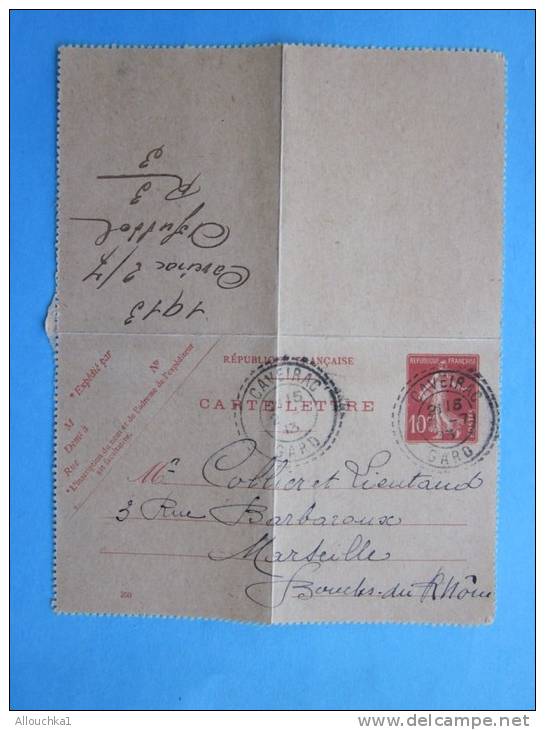 Carte-Lettre Entier Postal N°138 Semeuse Rouge 10c Sur Chamois:CAD Rural"petit Cercle Dans Grand"pointillé:CAVEIRAC Gard - Kaartbrieven