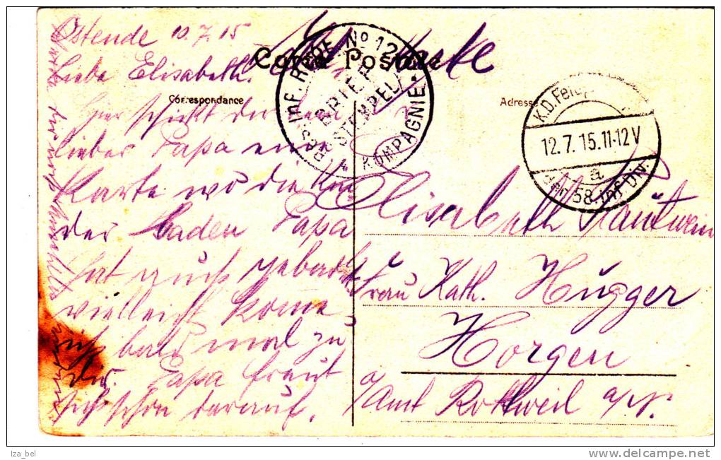 CP D'Ostende-càd K.D.Feldpos/der 58 Inf.div.12.7.15+cach.BRIEF-STEMPEL/Res.inf.regt N°12/4.Kompanie V.Allem.TB - Deutsche Armee