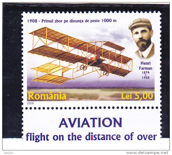 AVIATION  HENRI FARMAN 2008 MNH, ROMANIA.EXTRA PRICE FACE VALUE. - Ungebraucht