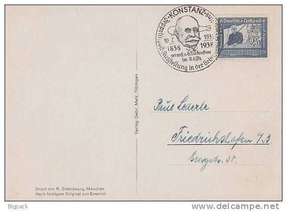 DR Sonderkarte Graf Zeppelin EF Minr.669 SST Konstanz 10.7.38 - Briefe U. Dokumente