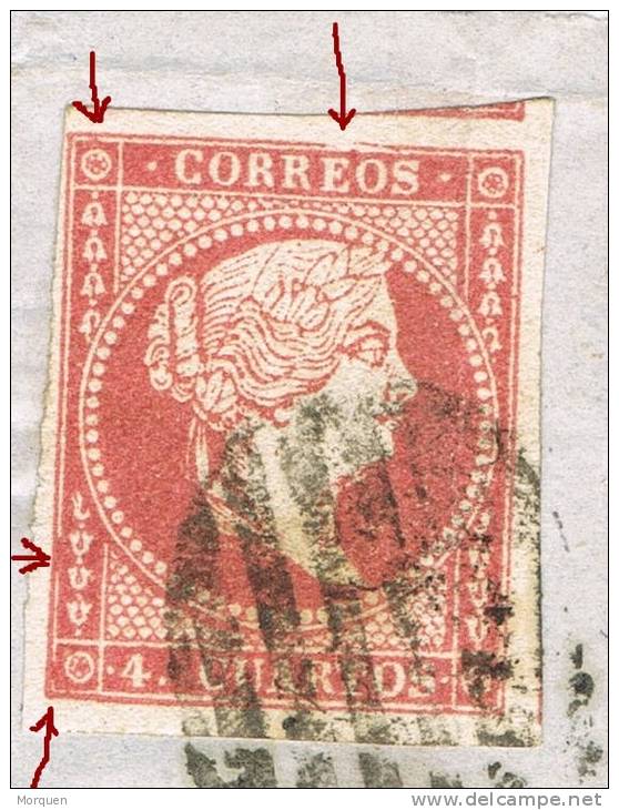 Frontal BARCELONA 1856, Edifil Num 48, Fechador Tipo I Rojo.VARIEDAD - Storia Postale