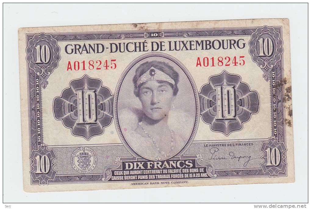 LUXEMBOURG 10 FRANCS 1944 VF P 44 - Luxembourg