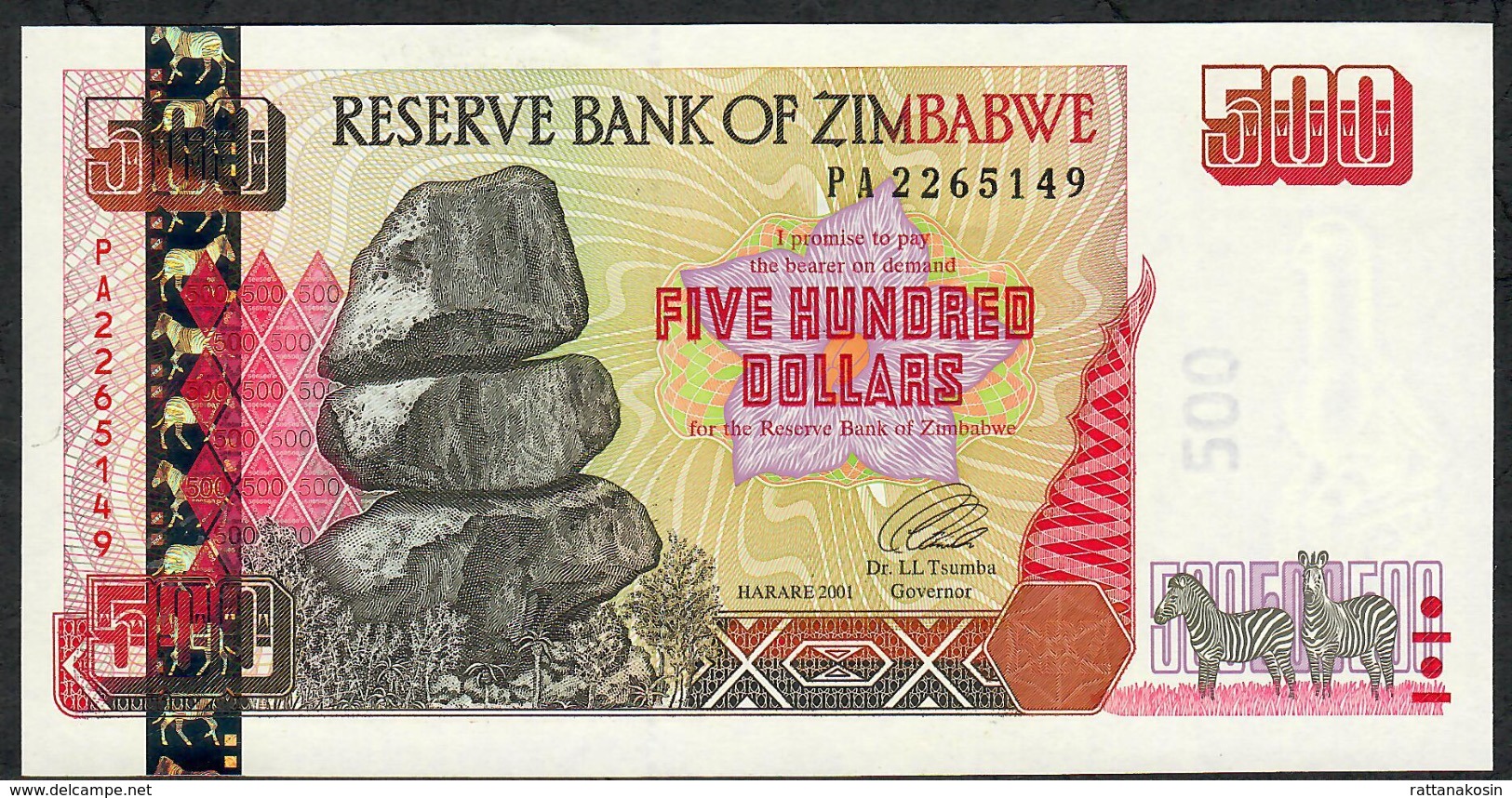 ZIMBABWE P10 500 DOLLARS  2001 #PA     UNC. - Zimbabwe