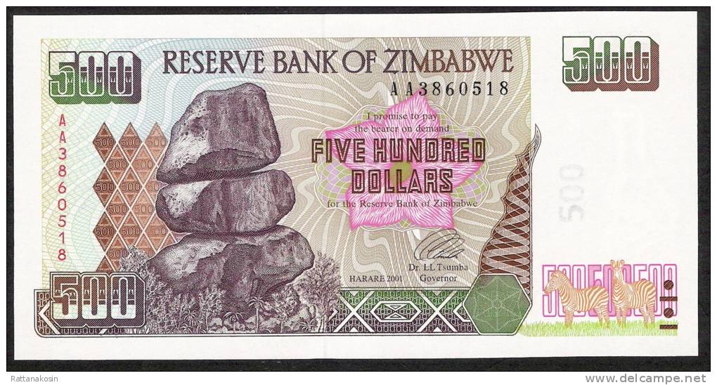 ZIMBABWE  P11 500 DOLLARS  2001 #AA Signature 3   UNC. - Zimbabwe