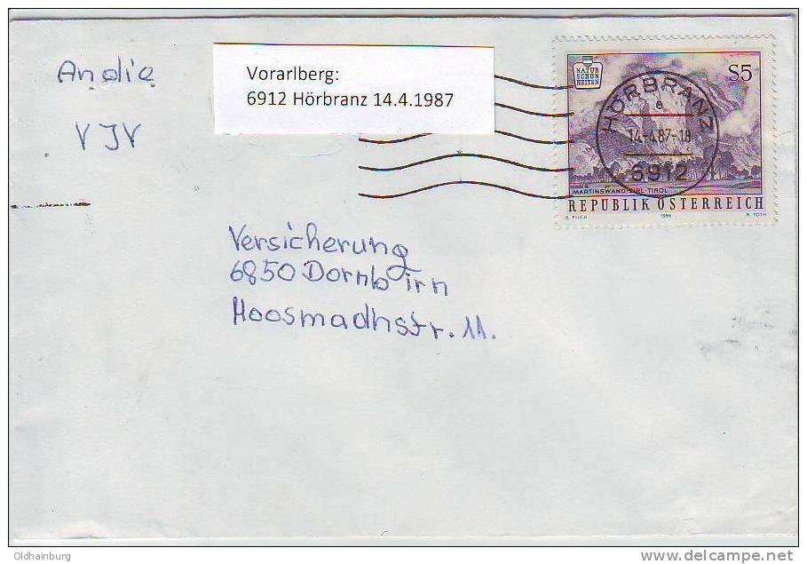 017cm: Vorarlbergbeleg 6912 Hörbranz 14.4.1987 - Covers & Documents