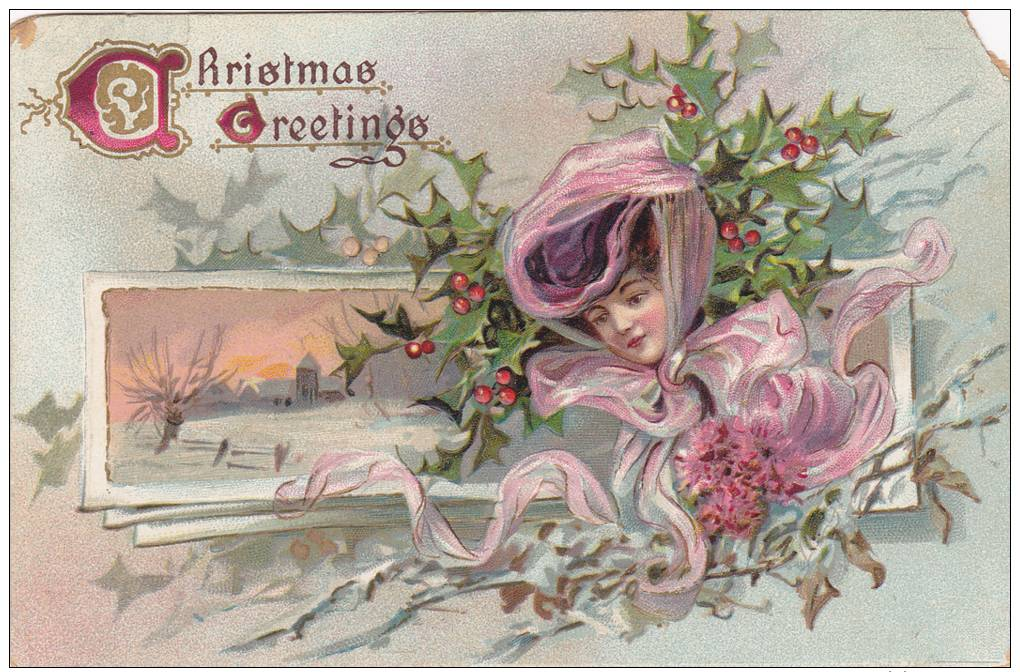 Winter Scene, Woman, "Christmas Greetings," PU-1908 - Altri & Non Classificati