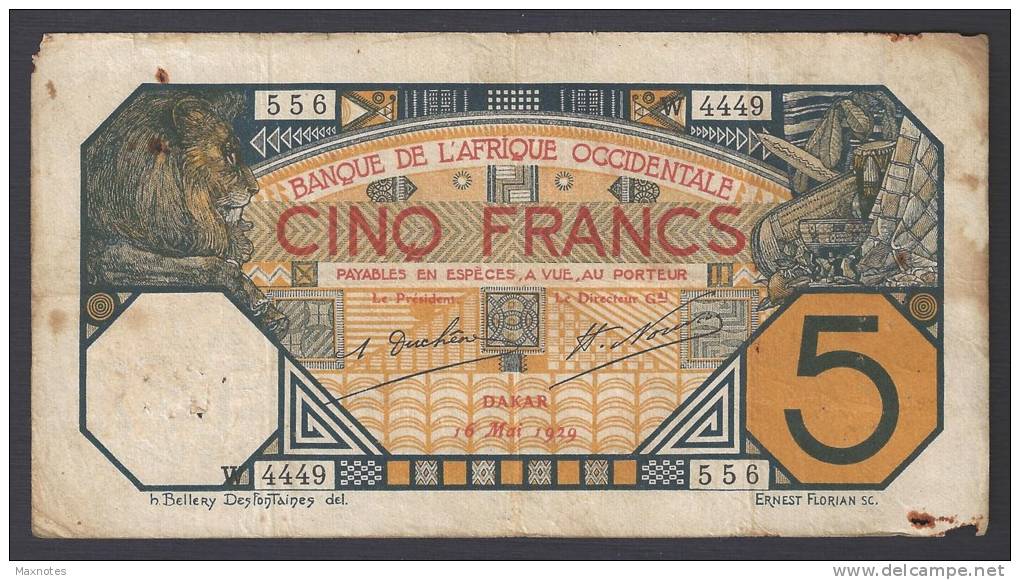 AFRIQUE OCCIDENTALE (French West Africa)  :  5 Francs - 1929  - P58g - 4449-556 - Other - Africa