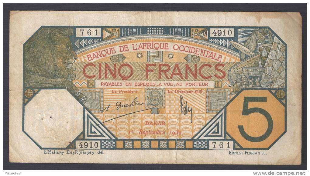 AFRIQUE OCCIDENTALE (French West Africa)  :  5 Francs - 1932  - P58g - 4910-761 - Otros – Africa