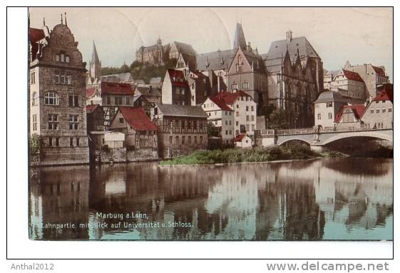 AK Litho Marburg Lahn Lahnpartie Mit Blick Auf Universität Brücke 29.10.1927 Nach Belleville USA - Marburg